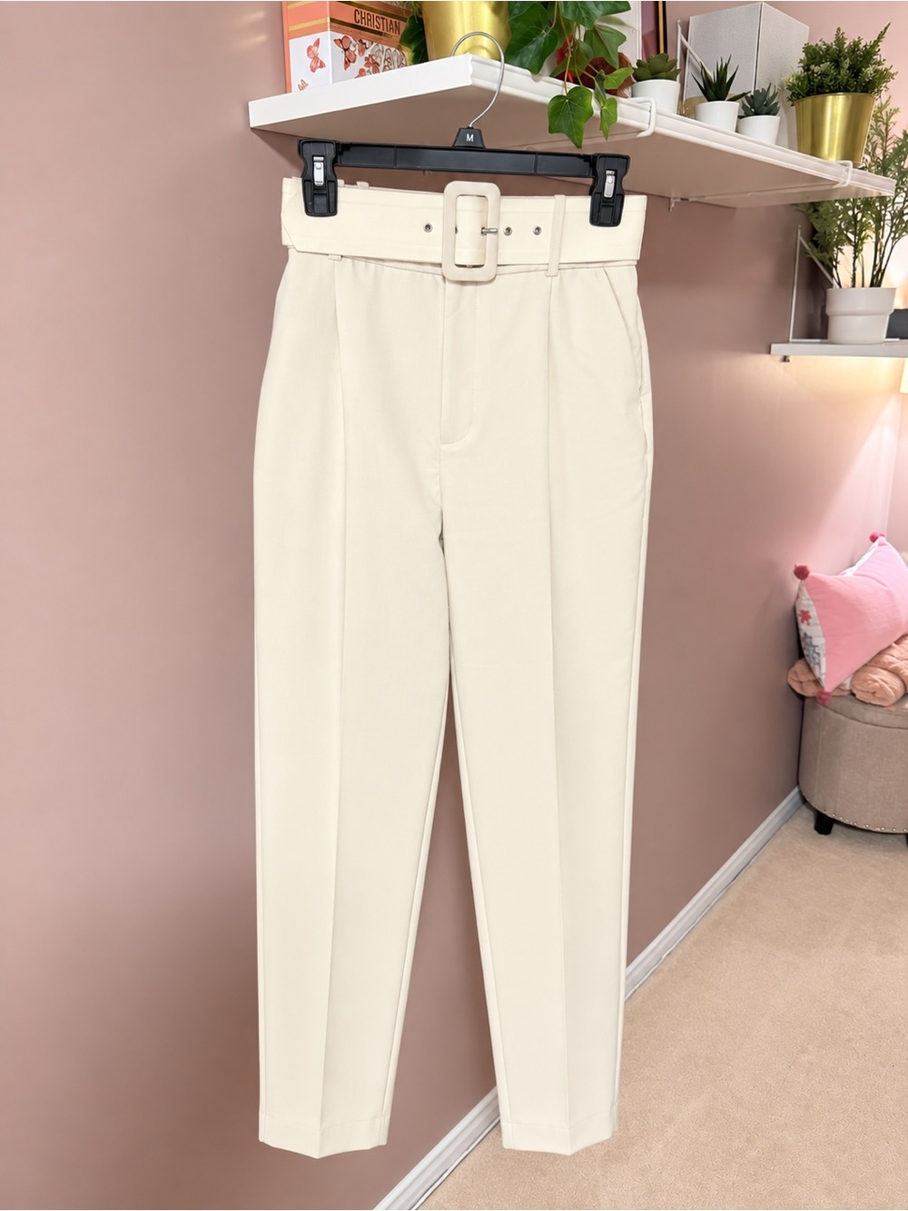 Zara Cream High-Waist Belted Tapered Pants
